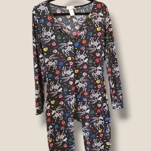 shosho Black Adult Onesie Colorful Skeleton & Skull & Unicorn Print